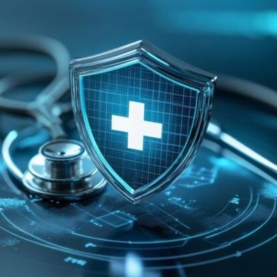 Digital shield with a medical cross symbol next to a stethoscope, representing healthcare data protection.