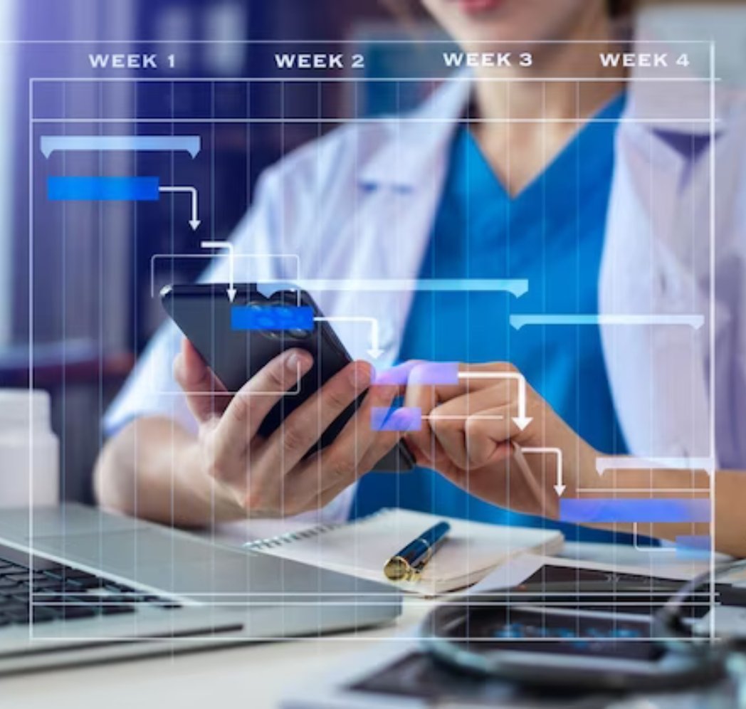 Healthcare professional using a smartphone with a digital project timeline overlay, symbolizing medical task planning and scheduling.
