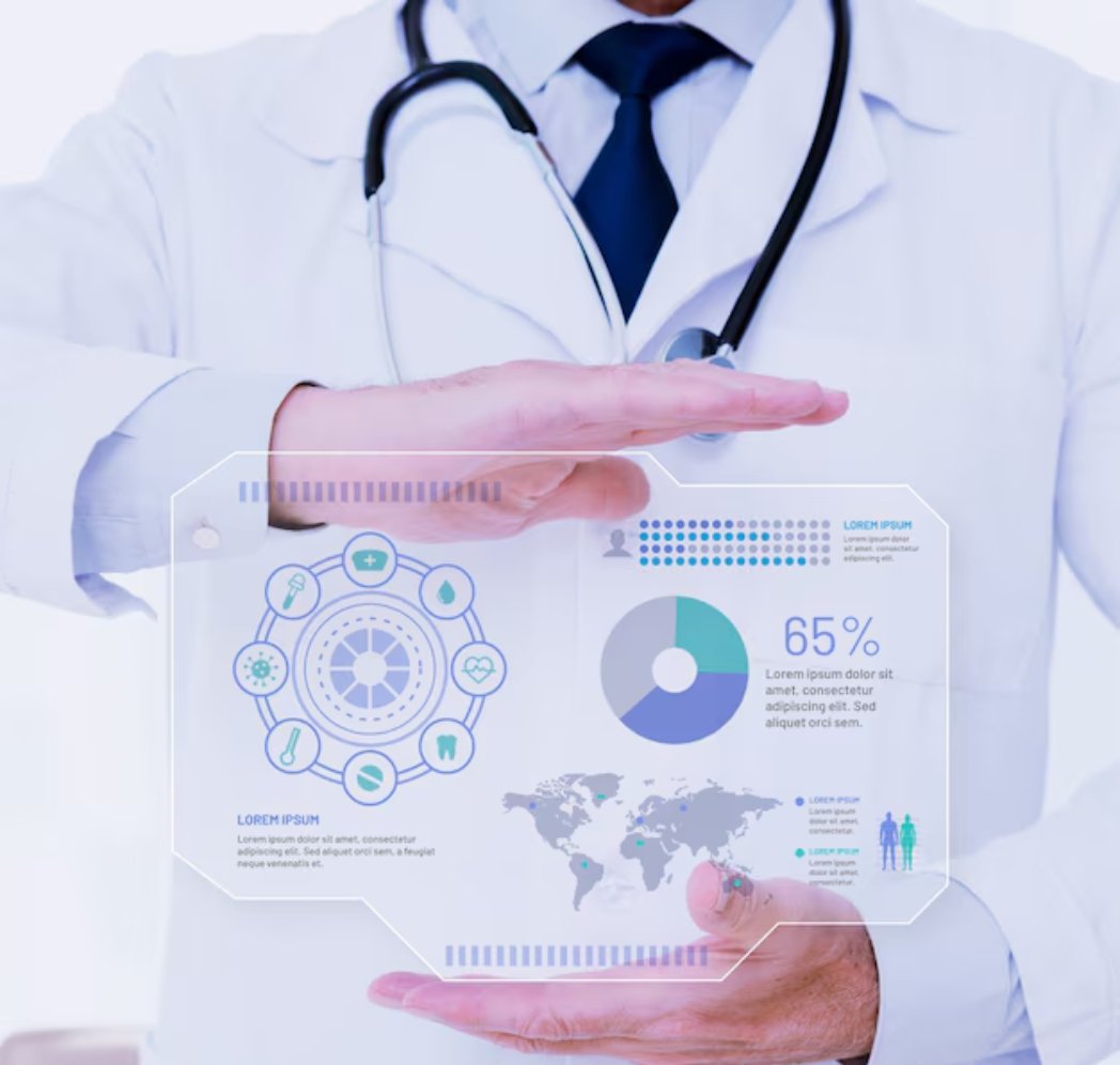 Doctor holding a virtual medical dashboard with charts and data, representing digital health technology and analytics.