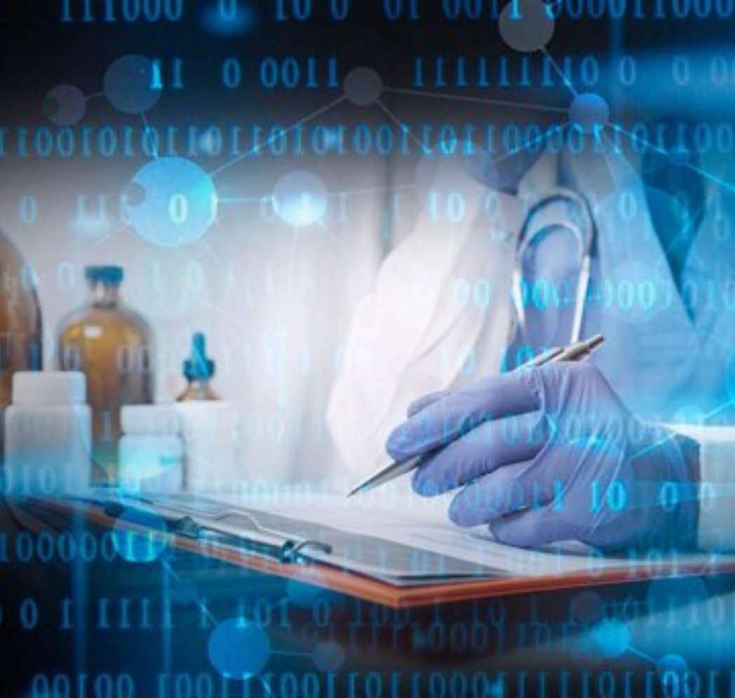 Doctor writing on a clipboard with binary code overlay, symbolizing digital healthcare and data integration.